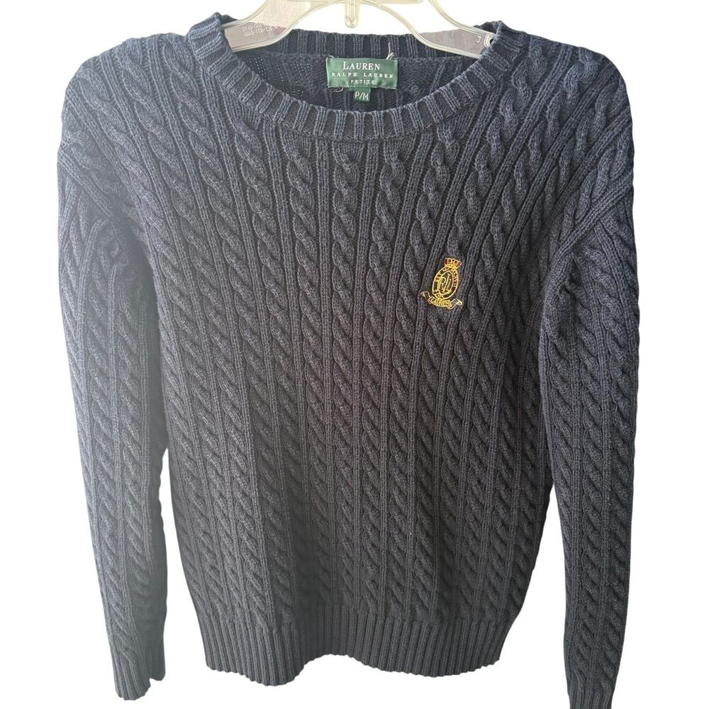 Vintage Lauren Ralph Lauren Cable Knit Sweater womens Med Petite blue Crest